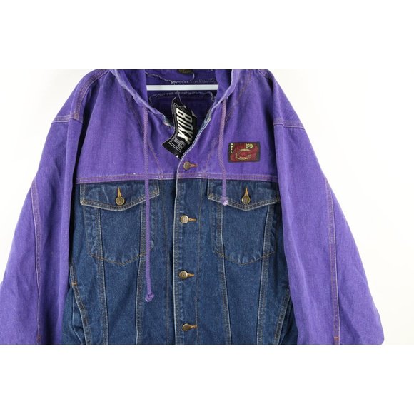 NOS Vintage 90s Streetwear Mens Large Color Block Hooded Denim Trucker Jacket - Picture 3 of 10